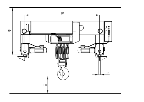 Detailed, side sketch double rail trolley type Z with twin hoist unit