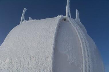 Frozen observation dome on the summit of the Wendelstein mountain 