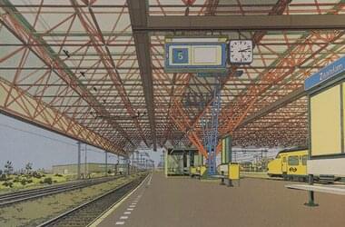 Drawing of a railroad station in the Netherlands
