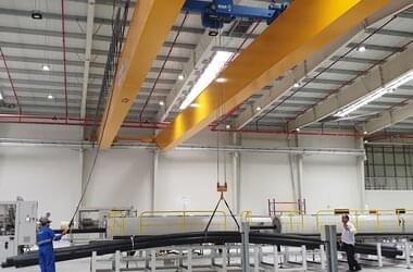 Double girder travelling crane with double rail trolley type DA in company Corys Plastic Industries in Abu Dhabi