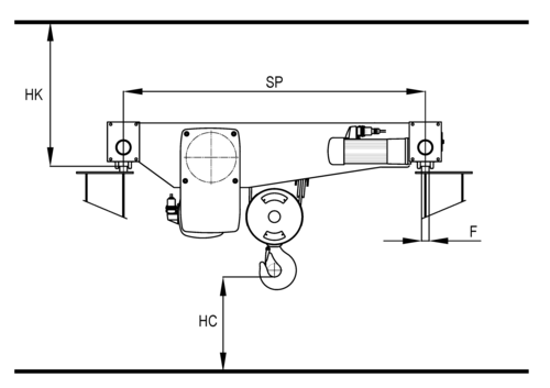 Detailed lateral sketch of double rail trolley type DQA